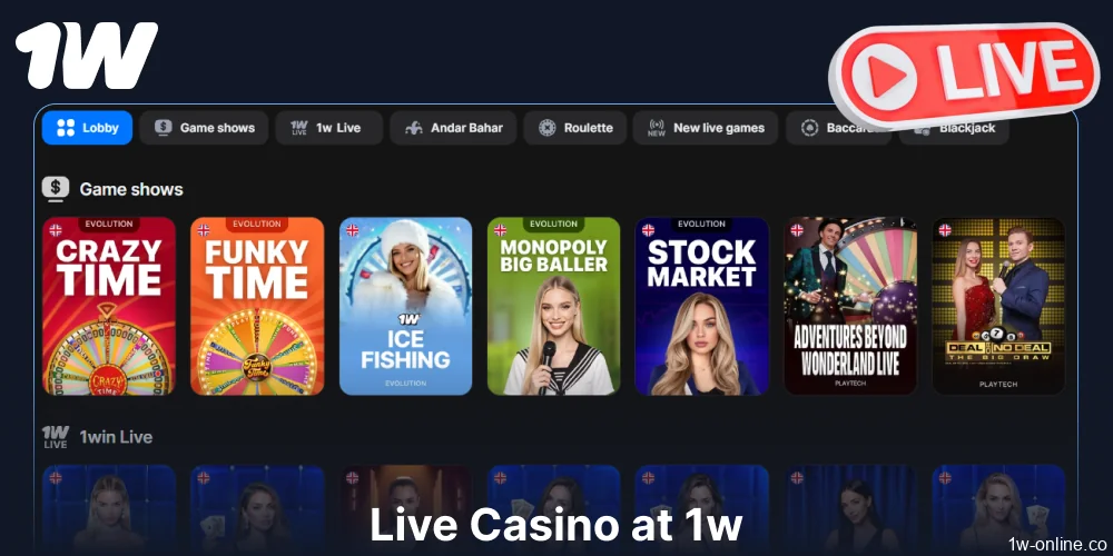 Live casino games available on 1w for players from Europe