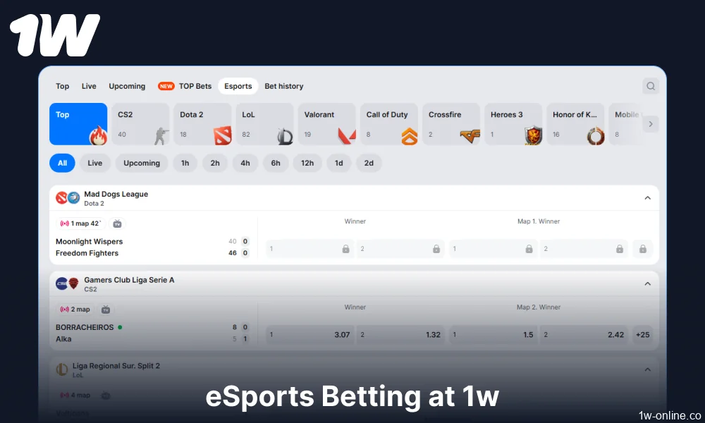 eSports betting options available on 1w in Europe